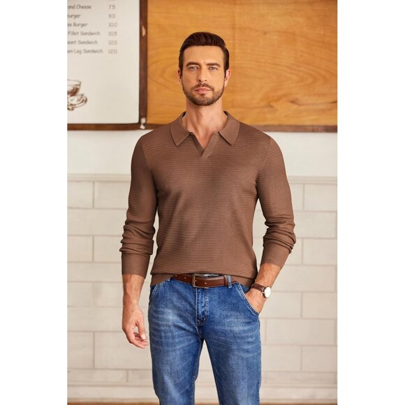 Men's Knit Polo Sweater V-Neck Long Sleeve Dress Pullover Fall Sweater Coffee - Picture 4 of 5